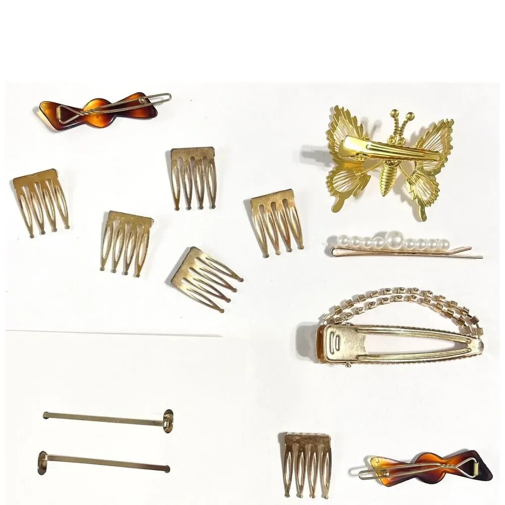 Vtg Retro Gold Tone Hair Barrettes Pins Combs Clip Rhinestone Butterfly Flower